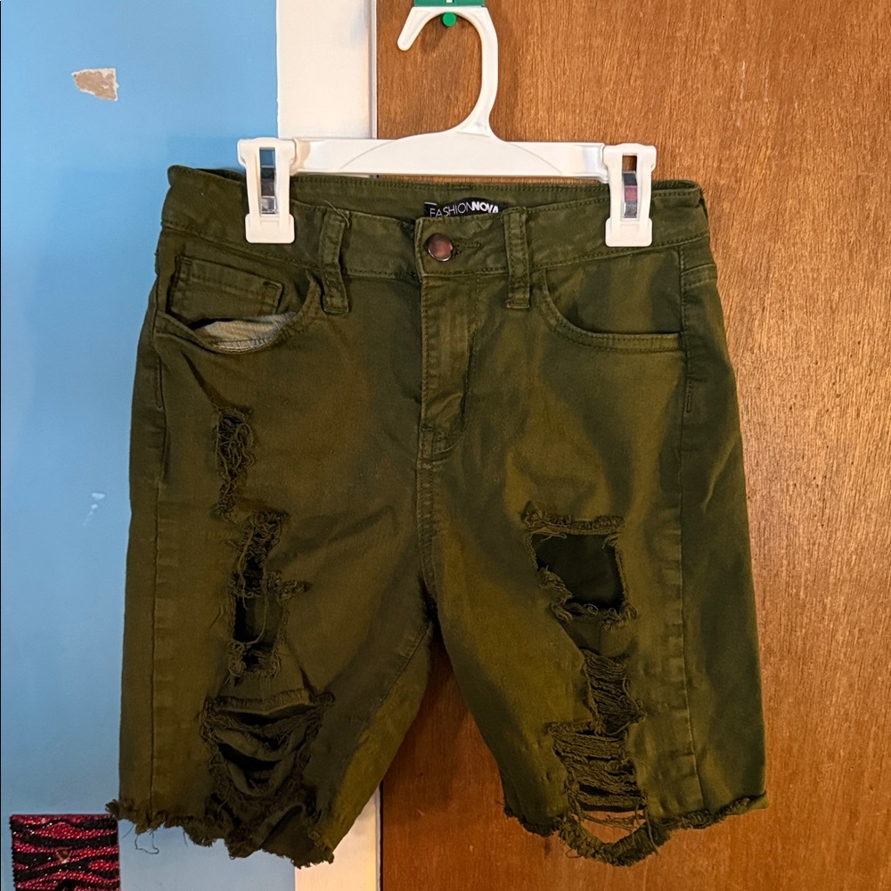 Fashion Nova Army Green Ripped Shorts